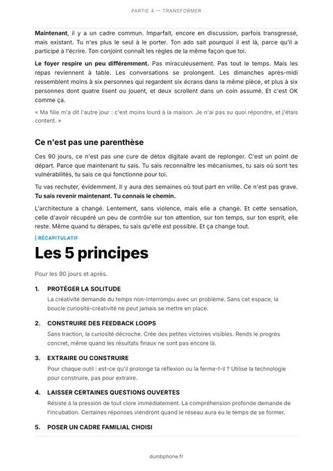 Page du guide : bilan après 90 jours et début du récapitulatif des 5 principes