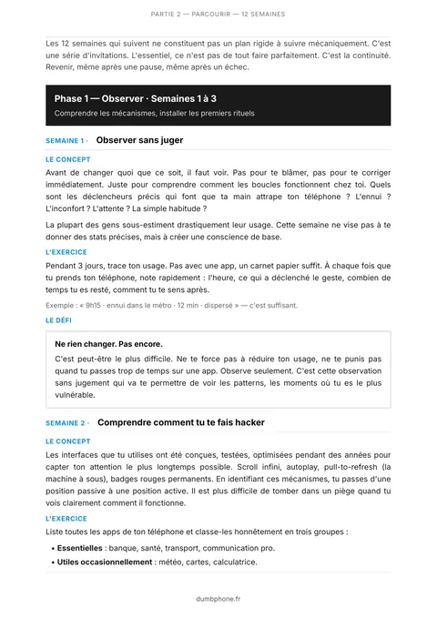 Page du guide : début de la phase 1, semaine 1 « Observer sans juger »
